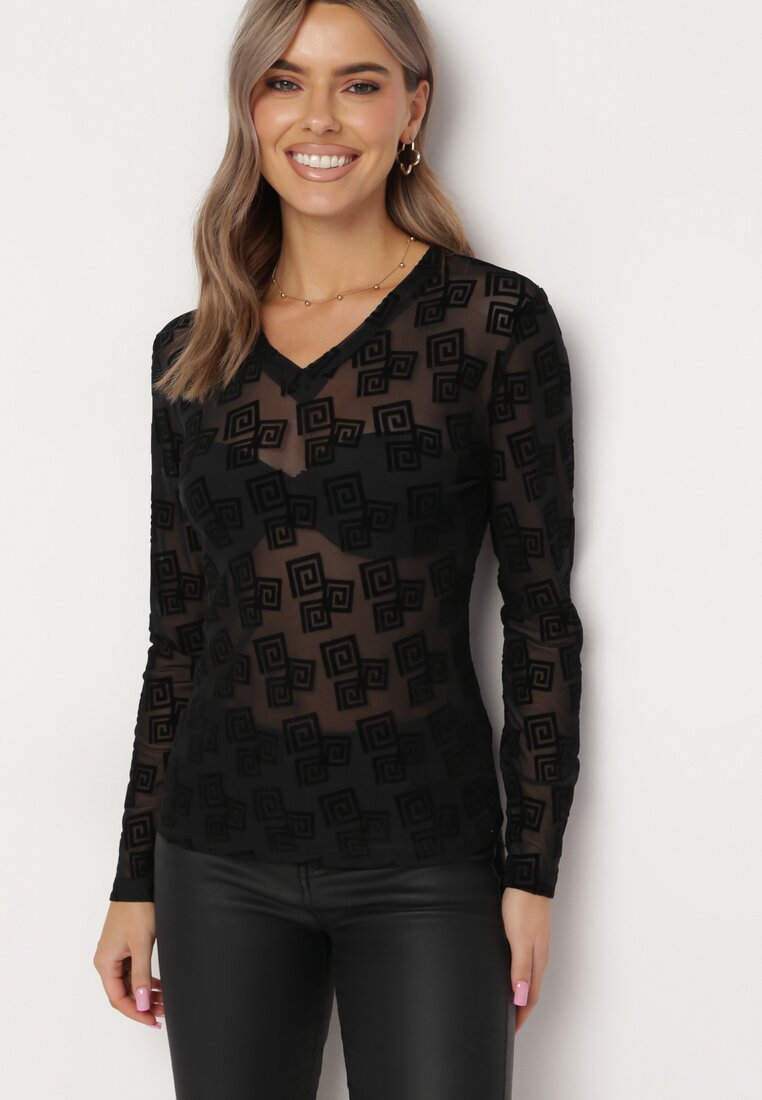 Czarna Bluzka z Siateczki i Welurowym Nadrukiem Roccos