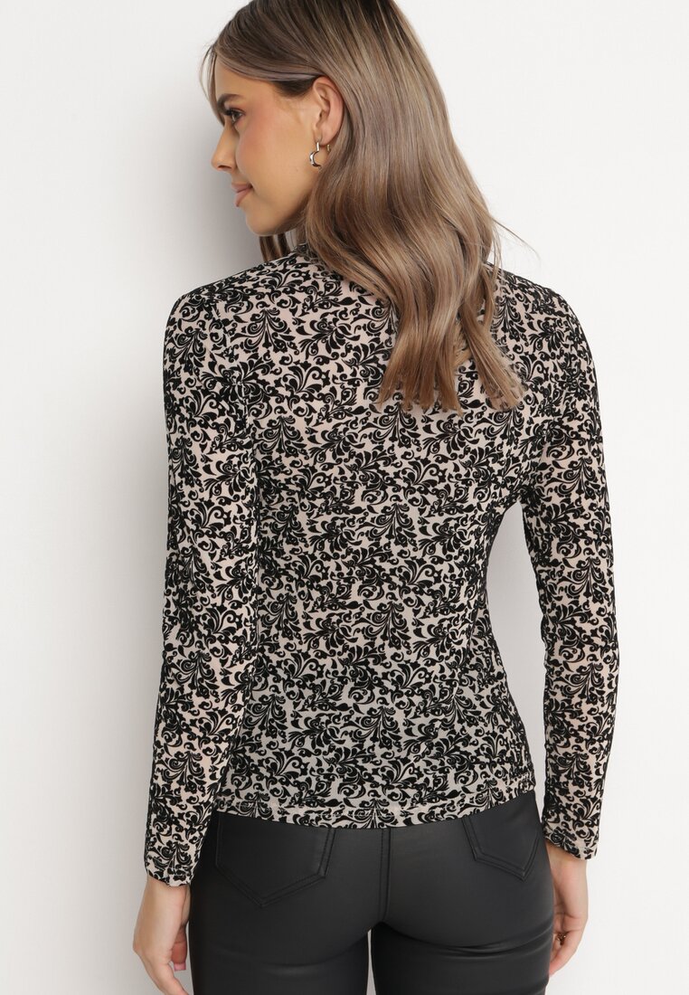 Beżowa Bluzka z Siateczki i Welurowym Nadrukiem Alexiames