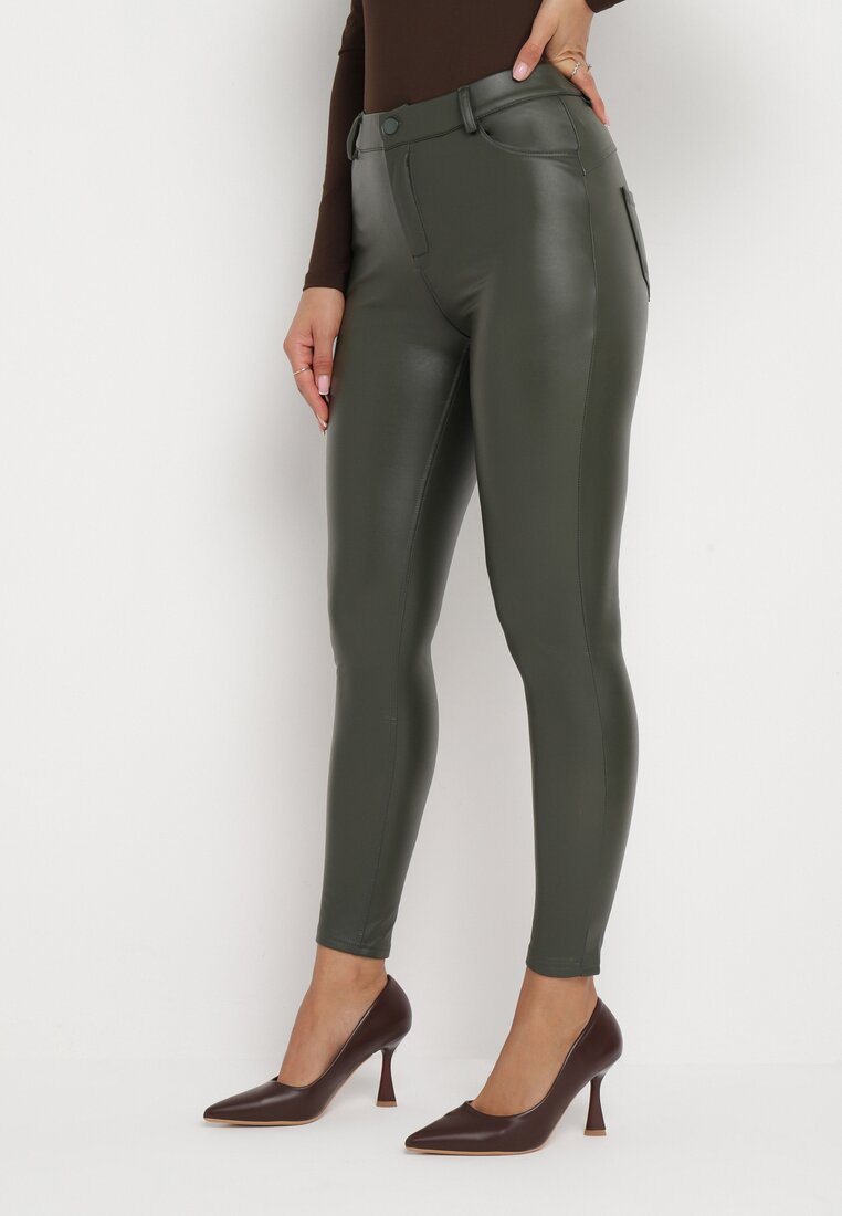 Ciemnozielone Spodnie Skinny z Imitacji Skóry Afortte