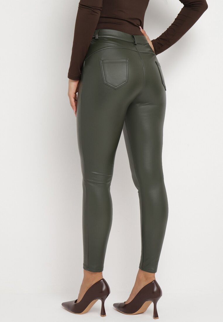 Ciemnozielone Spodnie Skinny z Imitacji Skóry Afortte