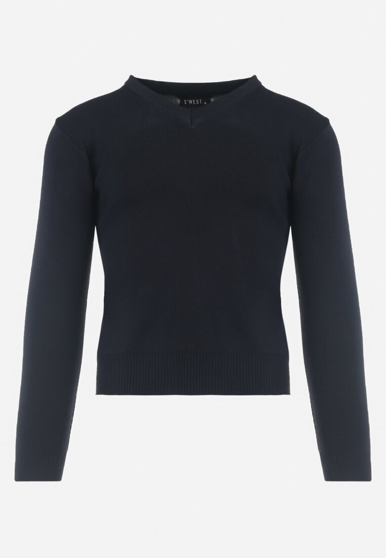Granatowy Sweter z Trójkątnym Dekoltem i Wełną Mathie