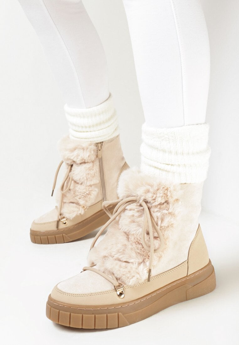 Beżowe Śniegowce Ozdobione Futerkiem Przy Sznurowaniu Avionea