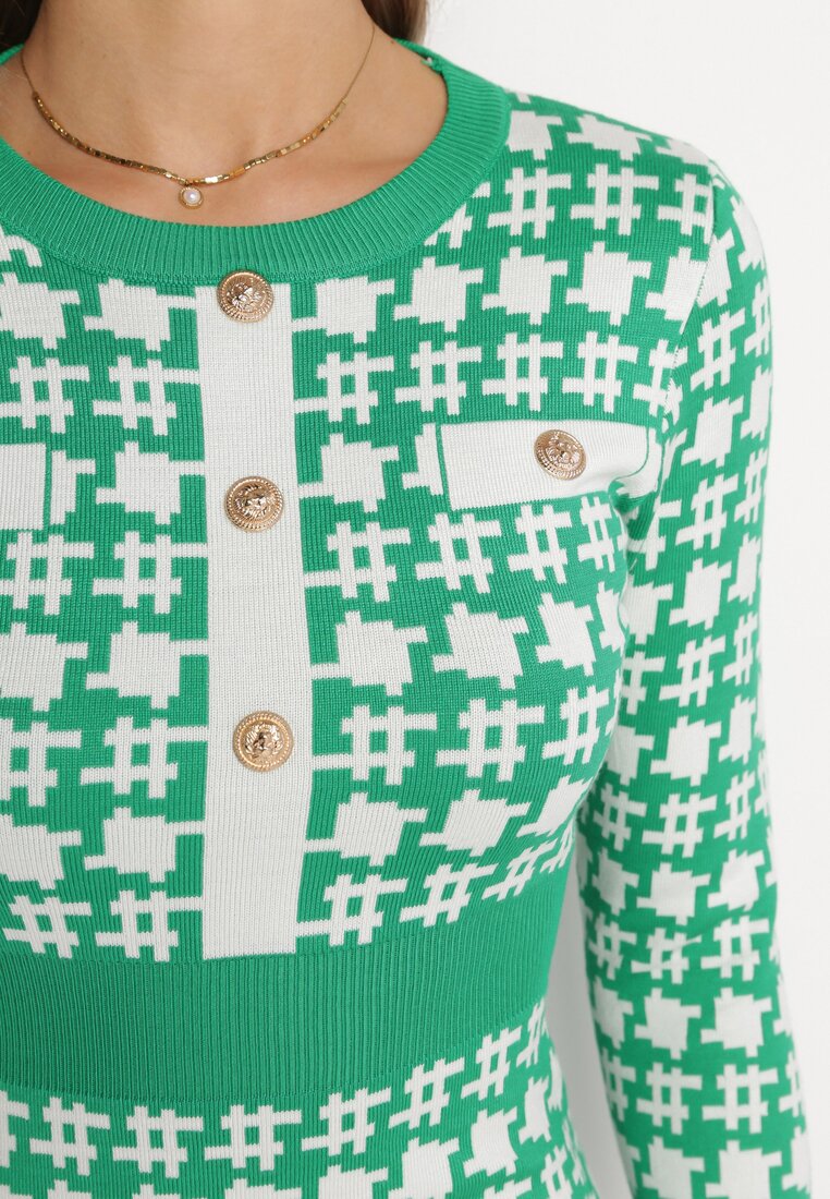 Zielona Sweterkowa Sukienka z Guzikami Bileldeme