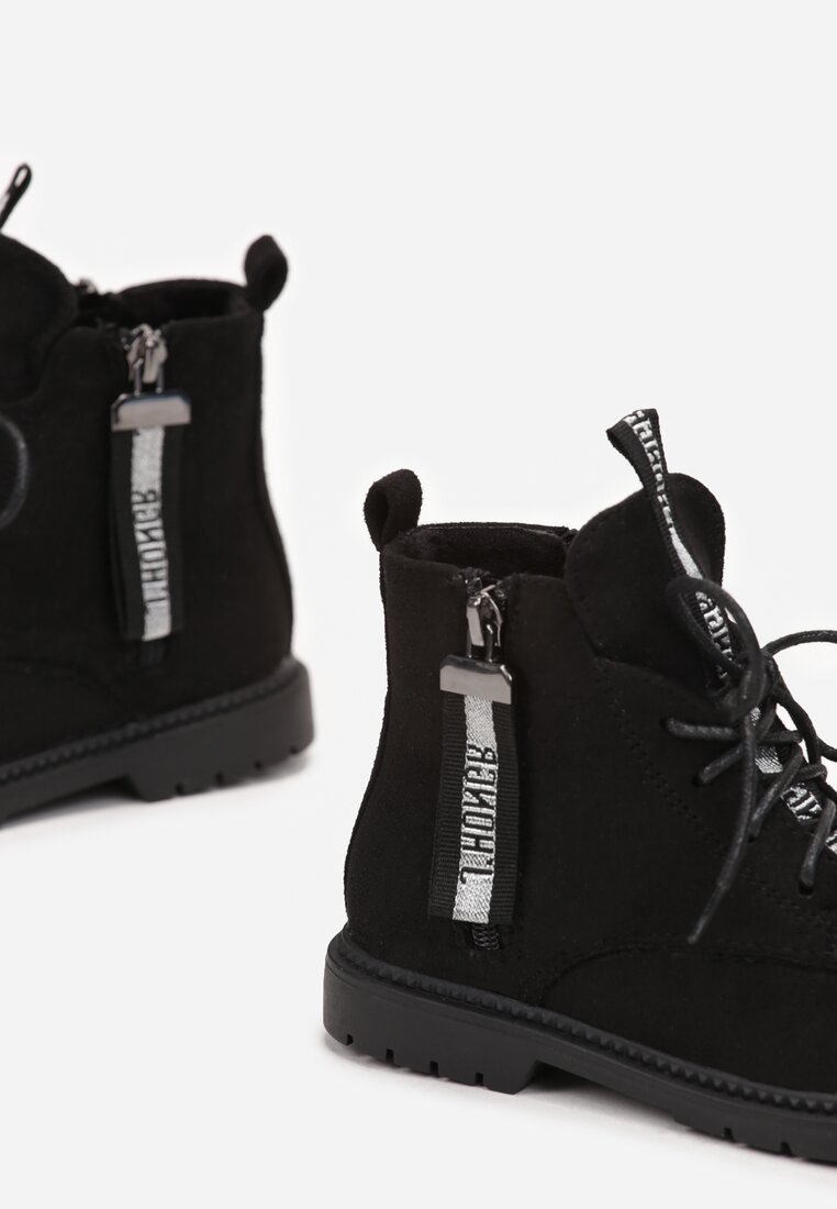 Czarne Botki Traperki z Ozdobnym Suwakiem z Ekozamszu Kivella