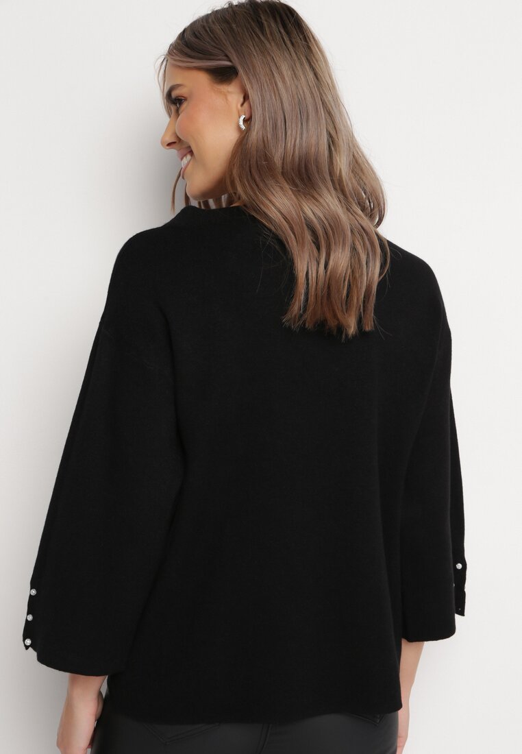 Czarny Sweter z Rękawami 3/4 i i Naszyjnikiem z Cyrkoniami Bacenisa