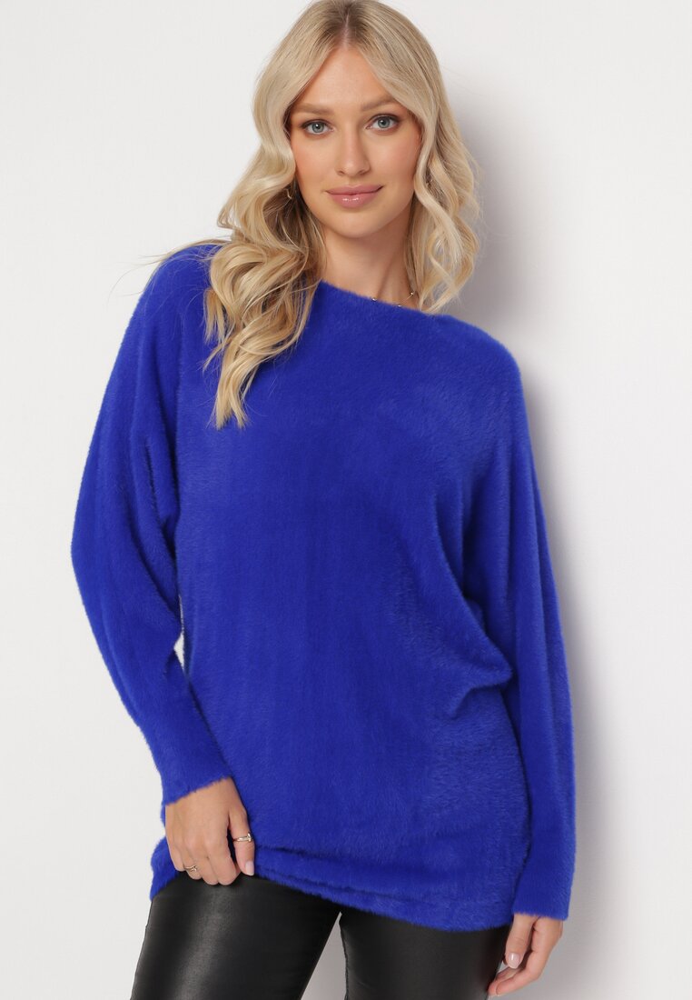 Granatowy Sweter z Luźnymi Rękawami Typu Nietoperz Mevinla