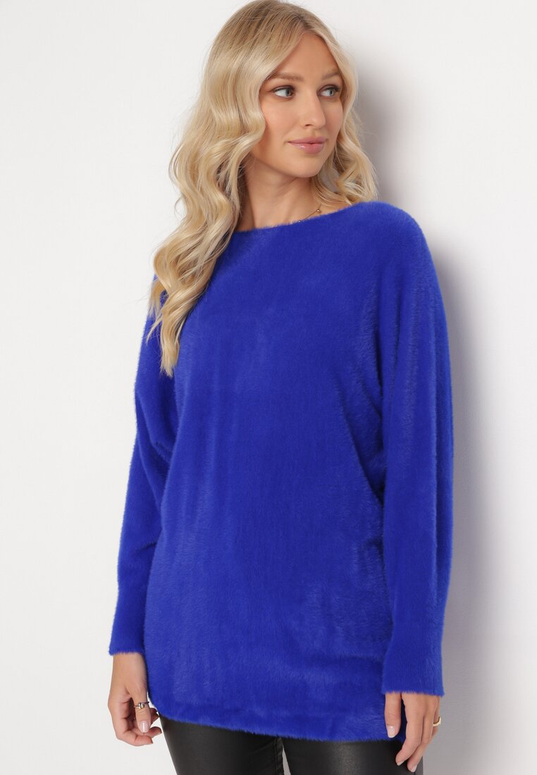 Granatowy Sweter z Luźnymi Rękawami Typu Nietoperz Mevinla