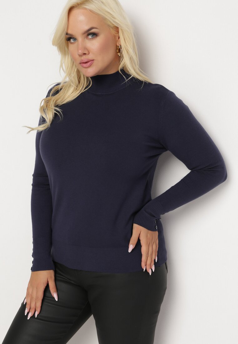 Granatowy Sweter z Krótkim Golfem Ozdobiony Guzikami na Rękawach Santola