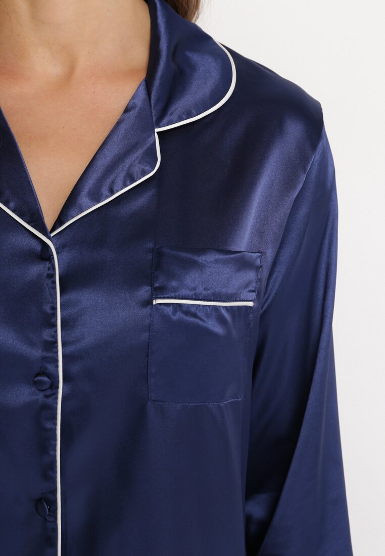 Niebieski Satynowy Komplet Piżamowy z Koszulą i Spodniami Teusia
