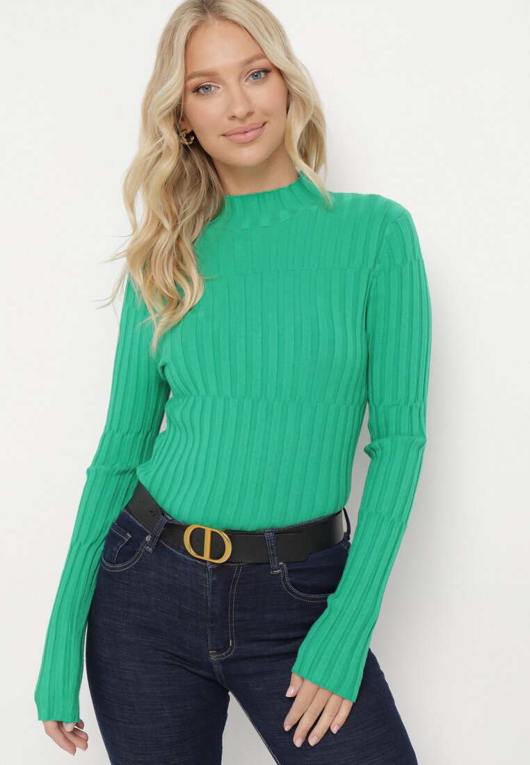 Zielony Prążkowany Sweter z Golfem z Wiskozą i Modalem Nevilla