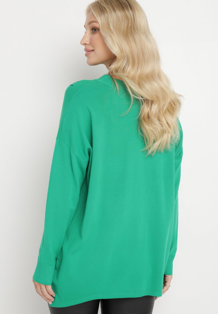 Zielony Sweter w Kotki Ozdobiony Wiązaniem Przy Szyi i Cyrkoniami Damouni