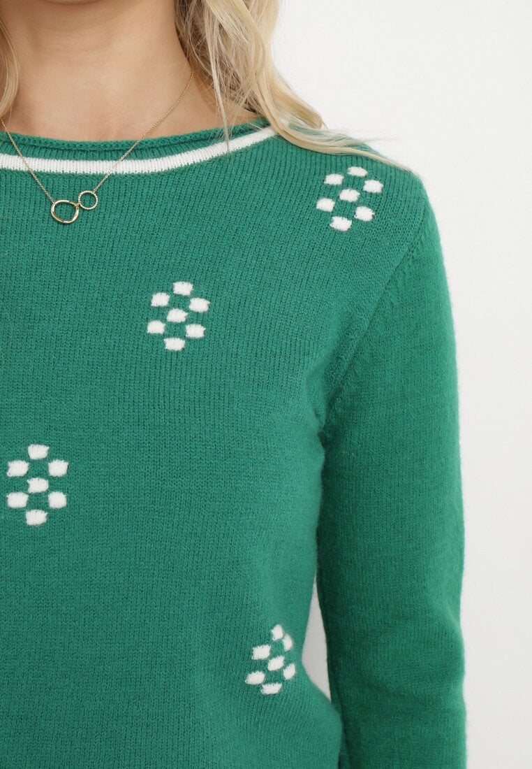 Zielony Sweter z Angorą Ozdobiony Kropeczkami i Szerokimi Wstawkami na Dole Chanci