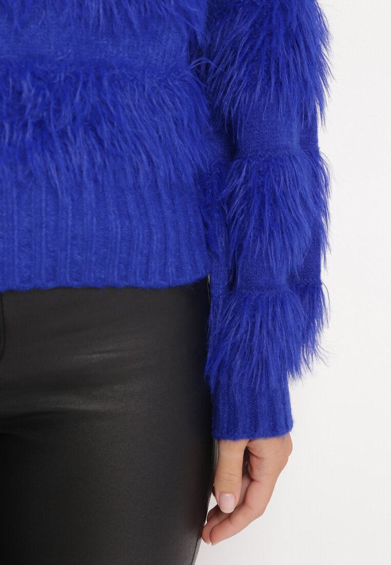 Granatowy Sweter Puchaty z Dodatkiem Kaszmiru Isorte