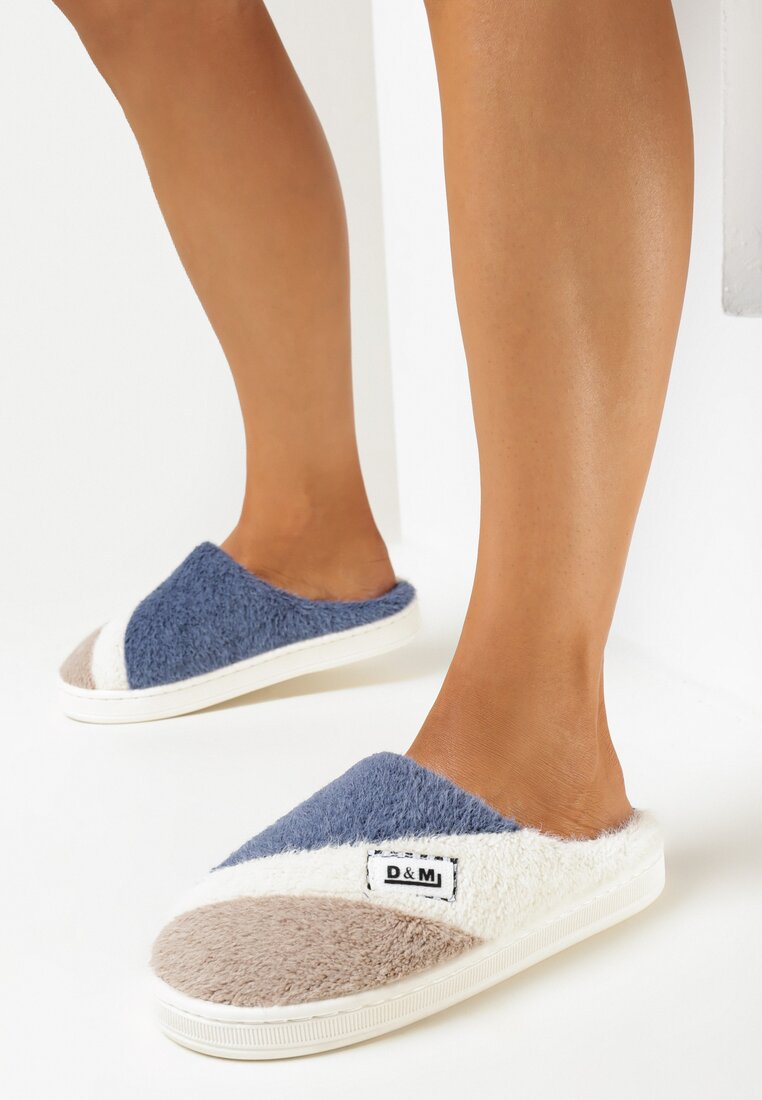 Granatowe Kapcie z Pluszowego Futerka w Kolorowe Paski Vilez