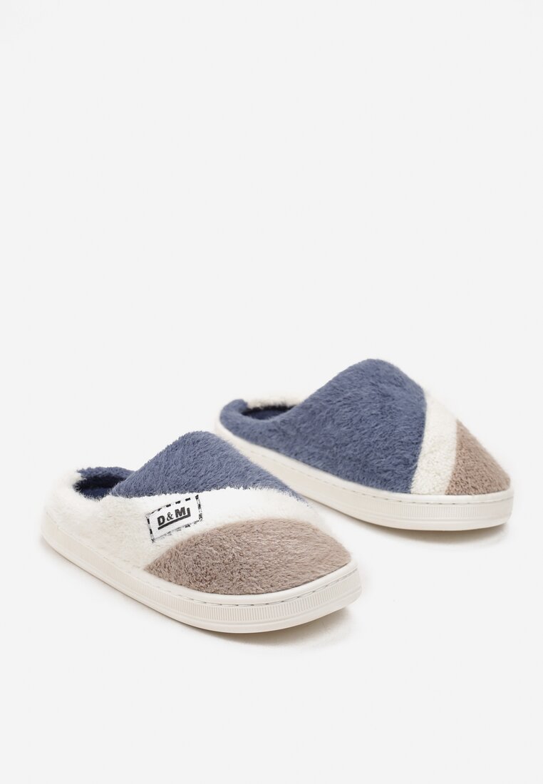 Granatowe Kapcie z Pluszowego Futerka w Kolorowe Paski Vilez