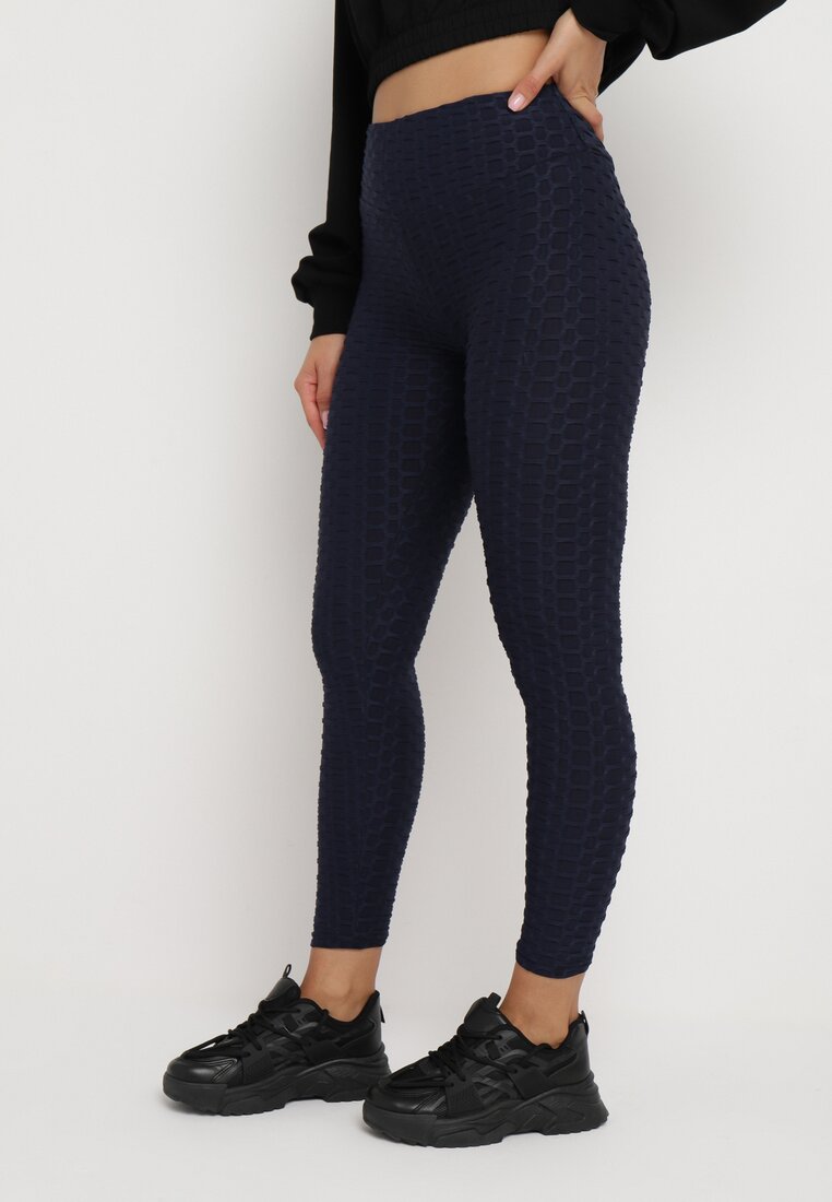 Granatowe Legginsy Push Up Ozdobione Tłoczonym Wzorem Nanoune