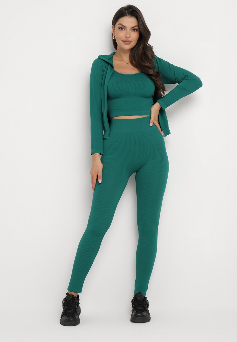 Zielony 3-częściowy Komplet Dzianinowy w Prążki Top Bluza i Legginsy Doulli