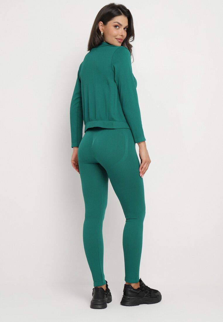 Zielony 3-częściowy Komplet Dzianinowy w Prążki Top Bluza i Legginsy Doulli