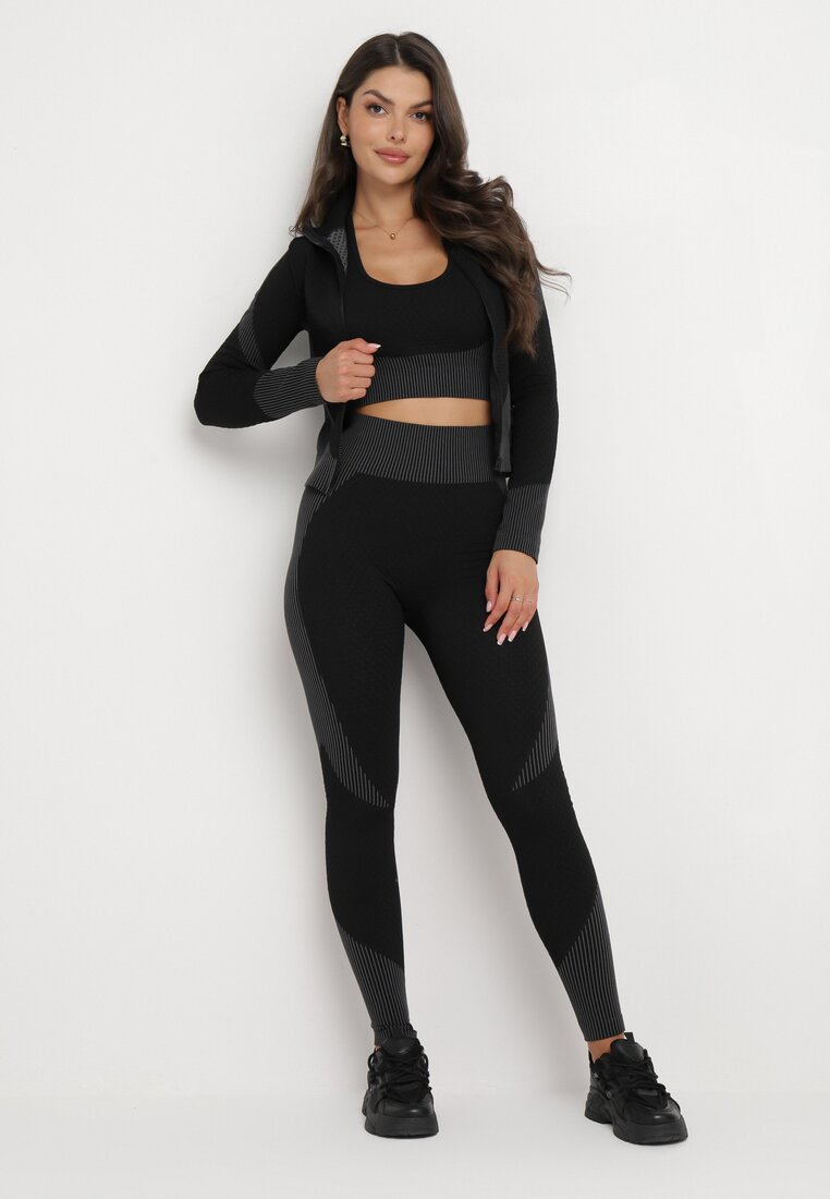 Czarny 3-Częściowy Komplet Top bez Rękawów Bluza na Suwak i Legginsy Push-Up Aleieve
