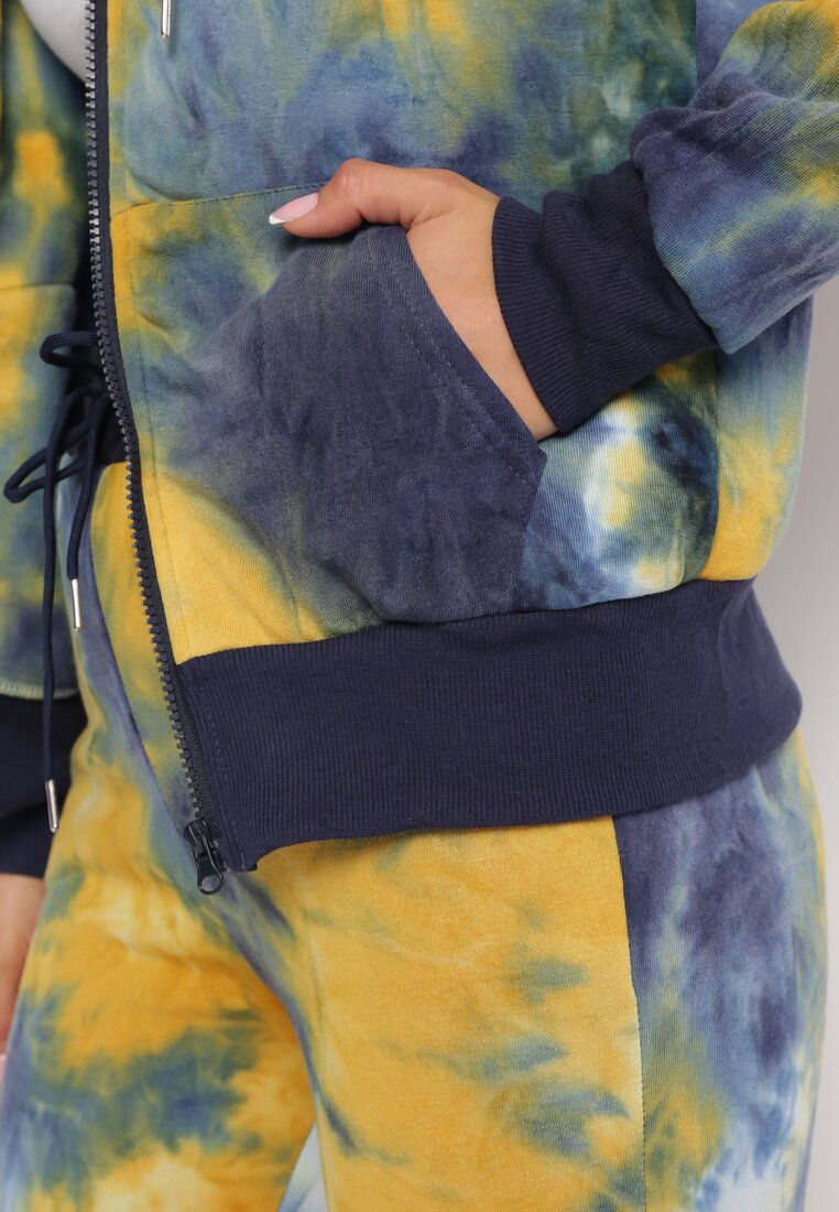 Niebiesko-Żółty Ocieplony Komplet Sportowy z Bluzą i Spodniami Tie-Dye Rekolla