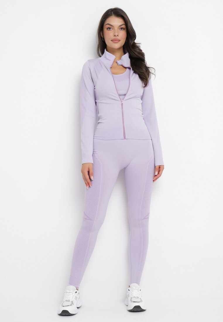 Fioletowy 3-częściowy Komplet Sportowy Bluza Top i Legginsy Oviona