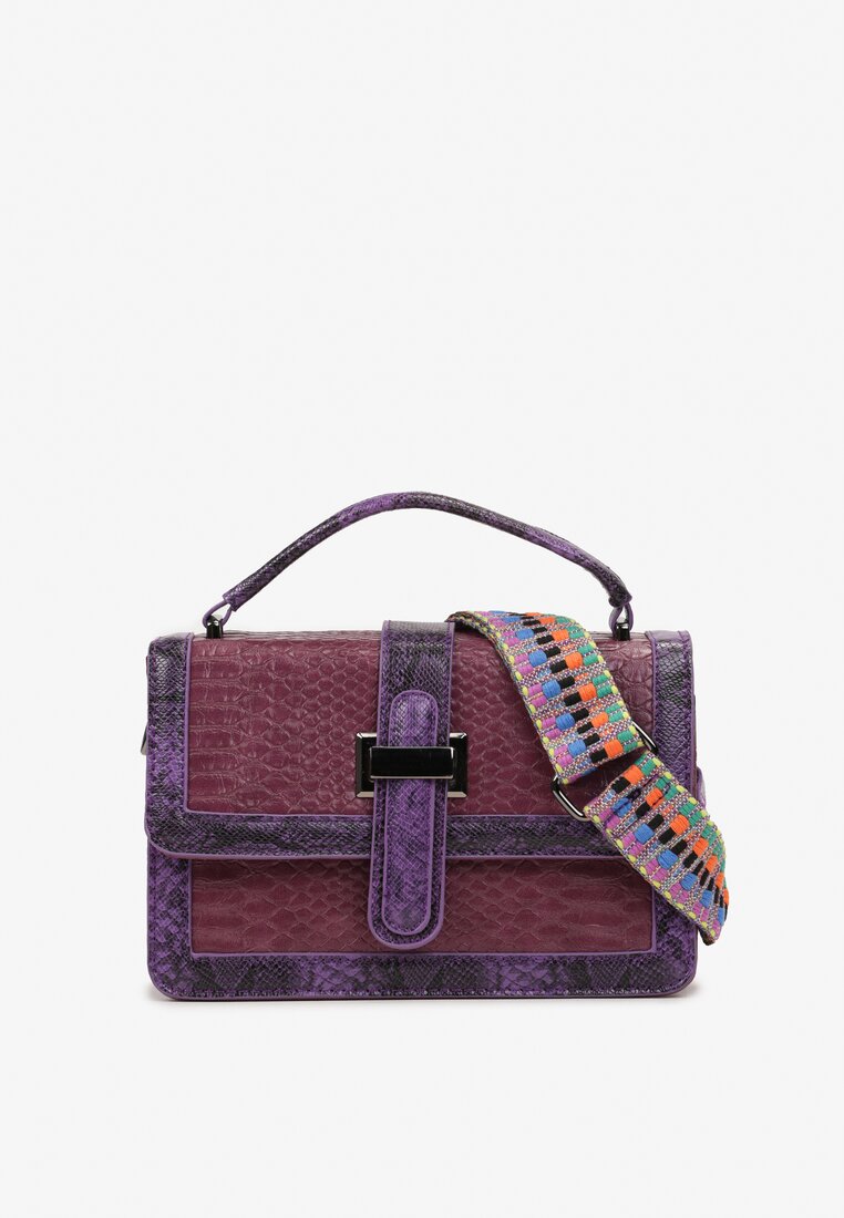 Fioletowa Torebka Listonoszka Ozdobiona Tłoczeniem Skóry Krokodyla Kleva