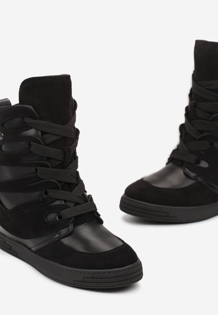 Czarne Sneakersy na Ukrytym Koturnie z Szerokim Wiązaniem Judella