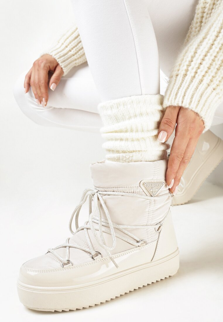 Beżowe Śniegowce na Grubej Podeszwie z Wiązaniem Ziza