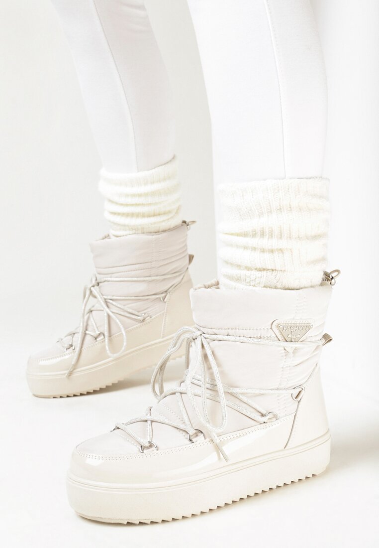 Beżowe Śniegowce na Grubej Podeszwie z Wiązaniem Ziza