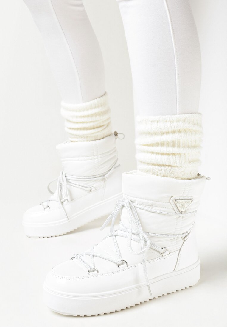 Białe Śniegowce na Grubej Podeszwie z Wiązaniem Ziza