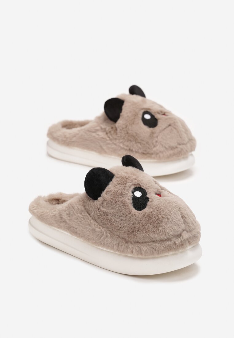 Ciemnobeżowe Kapcie z Futerkiem Ometta