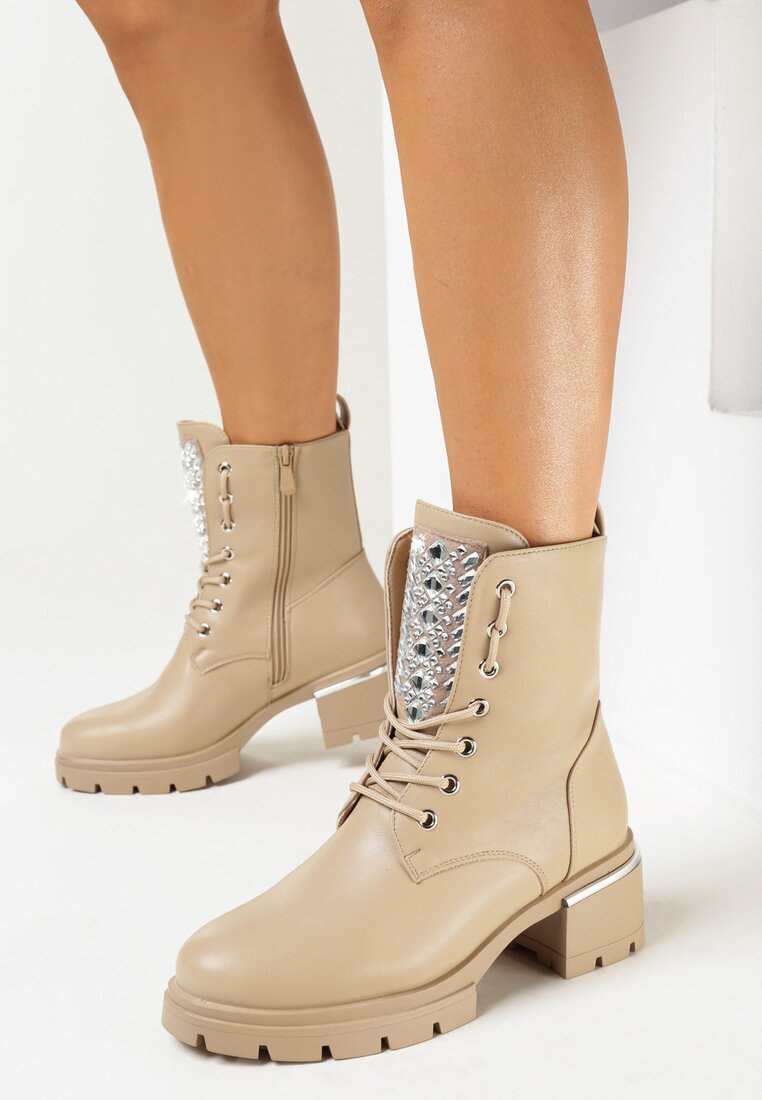 Ciemnobeżowe Botki Workery z Cyrkoniami na Języku Owane