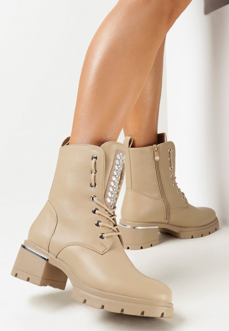 Ciemnobeżowe Botki Workery z Cyrkoniami na Języku Owane