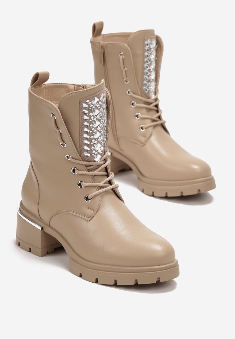 Ciemnobeżowe Botki Workery z Cyrkoniami na Języku Owane