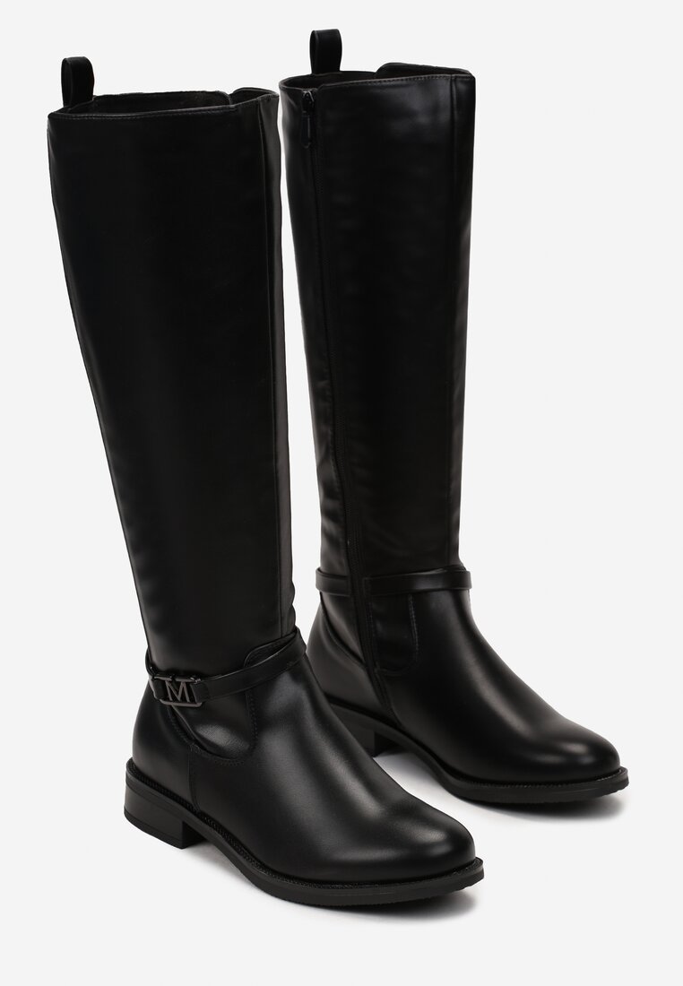 Czarne Kozaki przed Kolano z Ozdobnym Paskiem Covenka