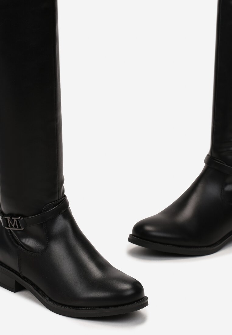 Czarne Kozaki przed Kolano z Ozdobnym Paskiem Covenka