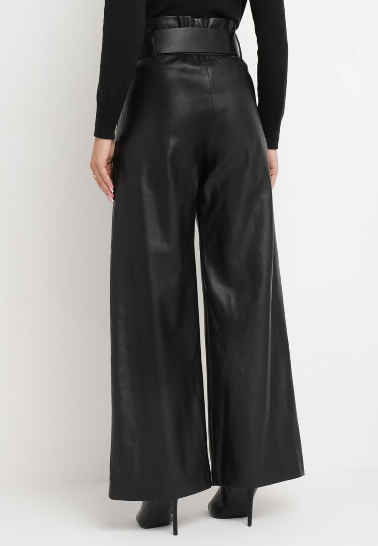 Czarne Szerokie Spodnie z Imitacji Skóry z Paskiem Leasine