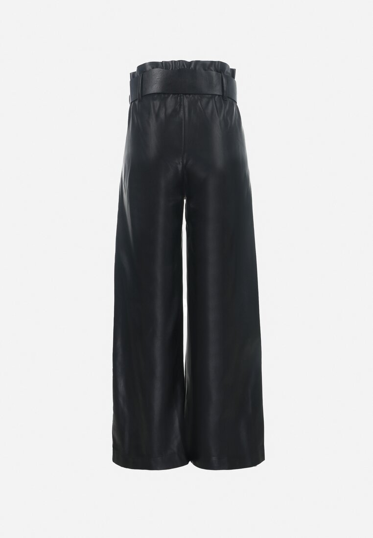Czarne Szerokie Spodnie z Imitacji Skóry z Paskiem Leasine