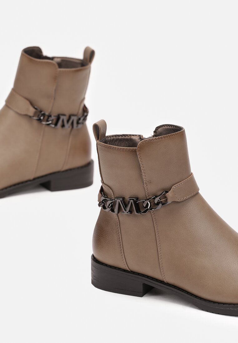 Beżowe Botki Sztyblety z Ozdobnym Łańcuszkiem Cosmerta