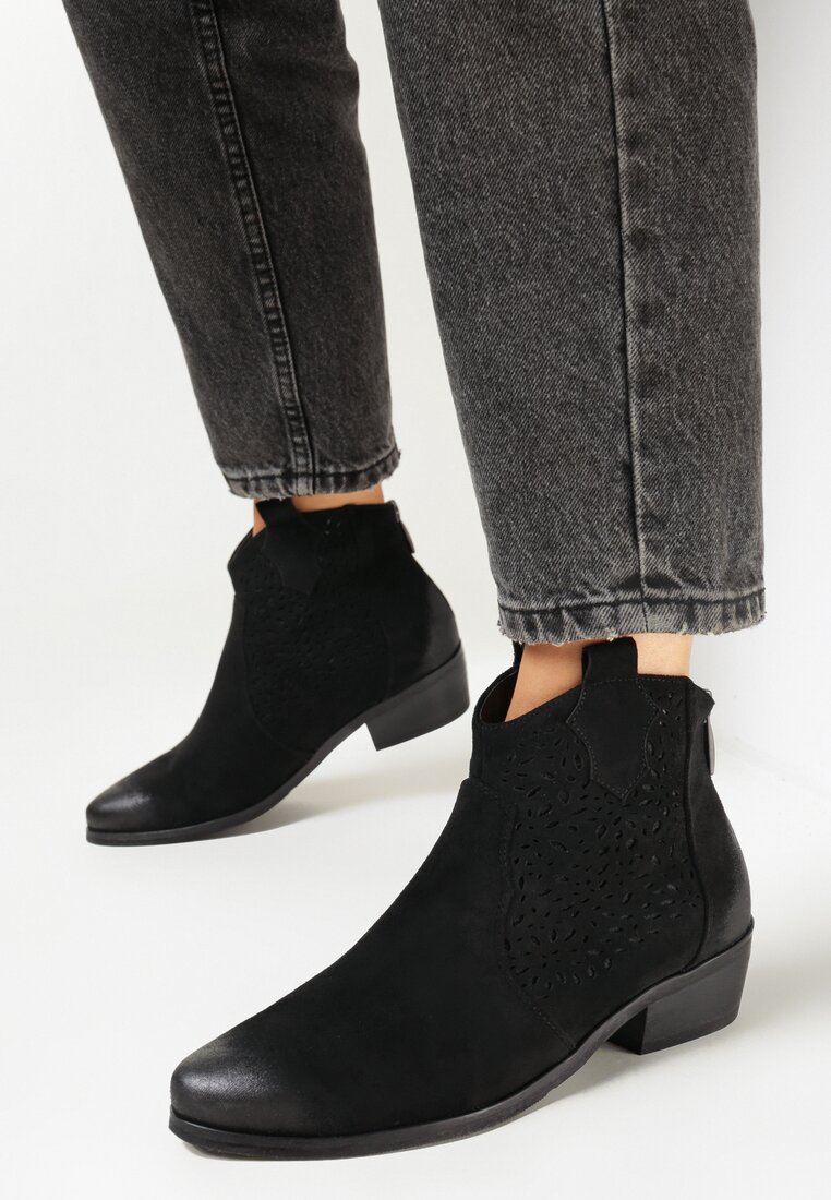Czarne Botki Kowbojki na Płaskim Stożku z Imitacji Zamszu Amolni