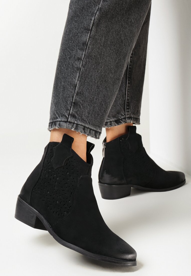 Czarne Botki Kowbojki na Płaskim Stożku z Imitacji Zamszu Amolni