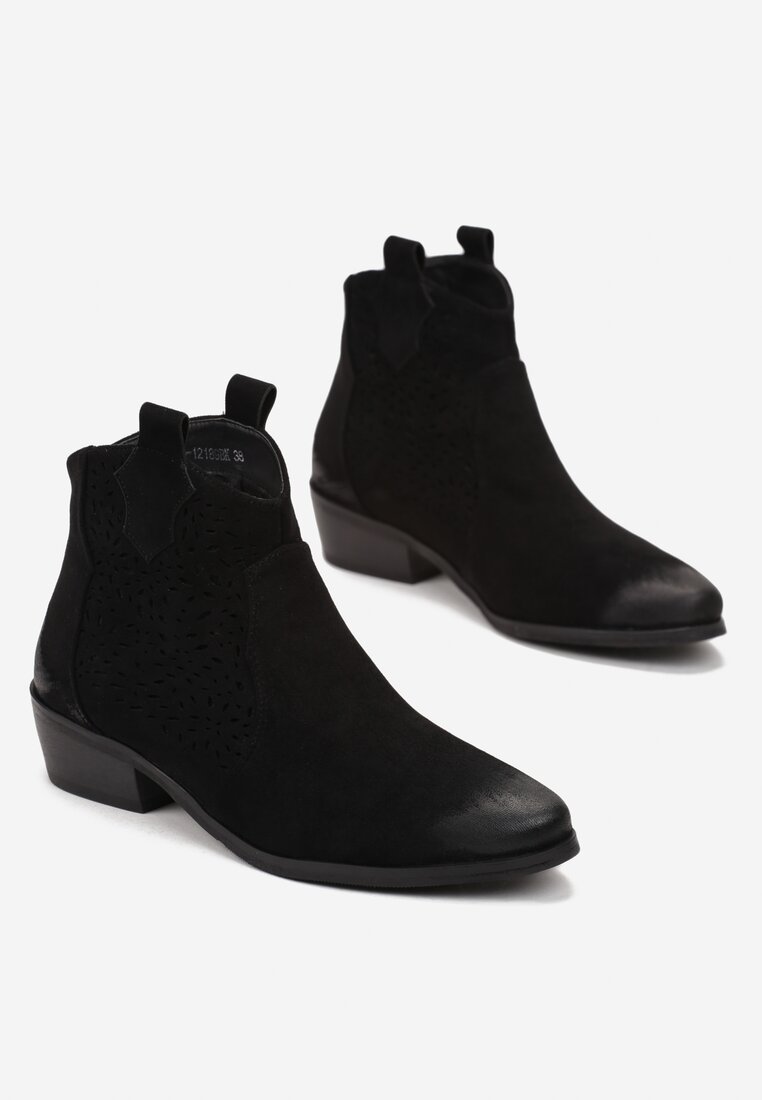 Czarne Botki Kowbojki na Płaskim Stożku z Imitacji Zamszu Amolni