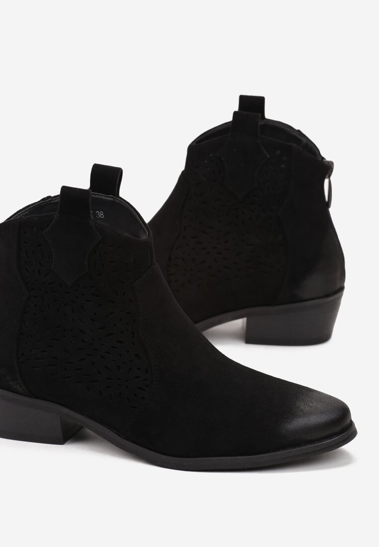 Czarne Botki Kowbojki na Płaskim Stożku z Imitacji Zamszu Amolni