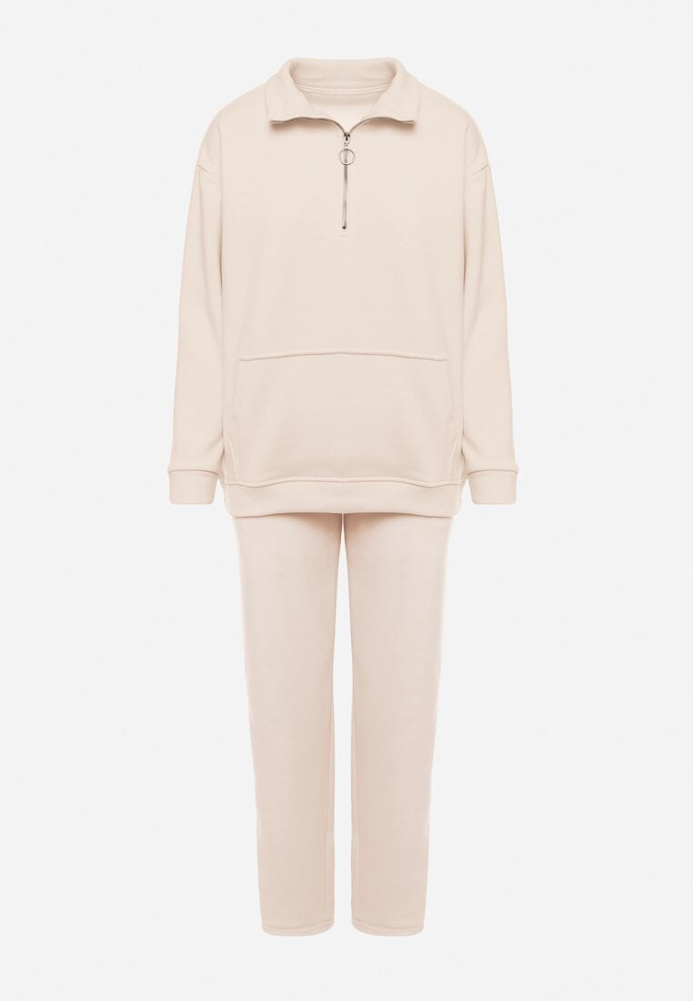 Beżowy 2-częściowy Polarowy Komplet Dresowy z Bluzą i Szerokimi Spodniami Aldonor