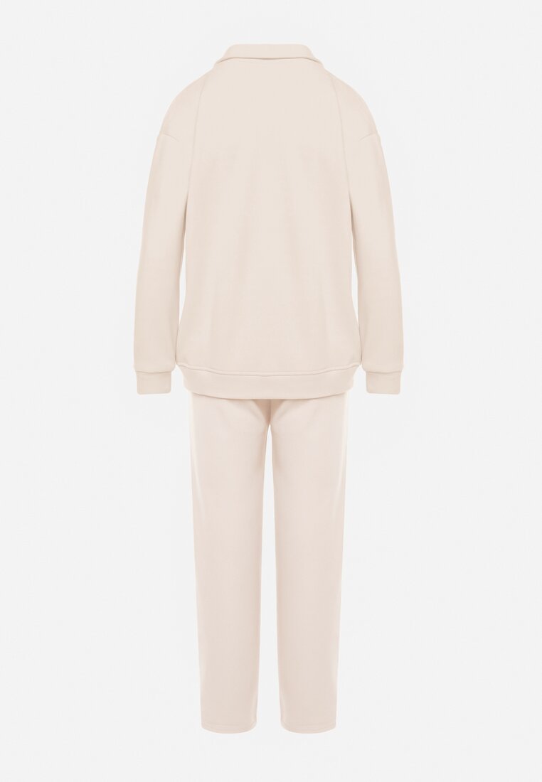 Beżowy 2-częściowy Polarowy Komplet Dresowy z Bluzą i Szerokimi Spodniami Aldonor