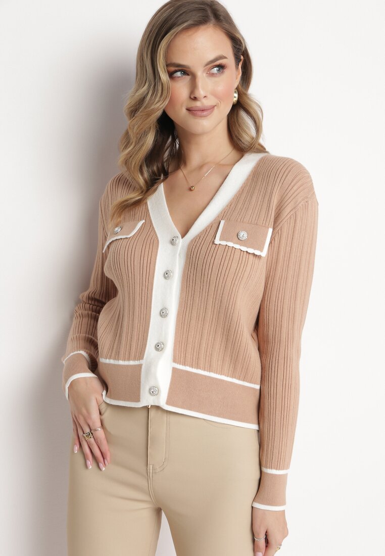 Beżowy Prążkowany Kardigan z Biżuteryjnymi Guziczkami Likanne