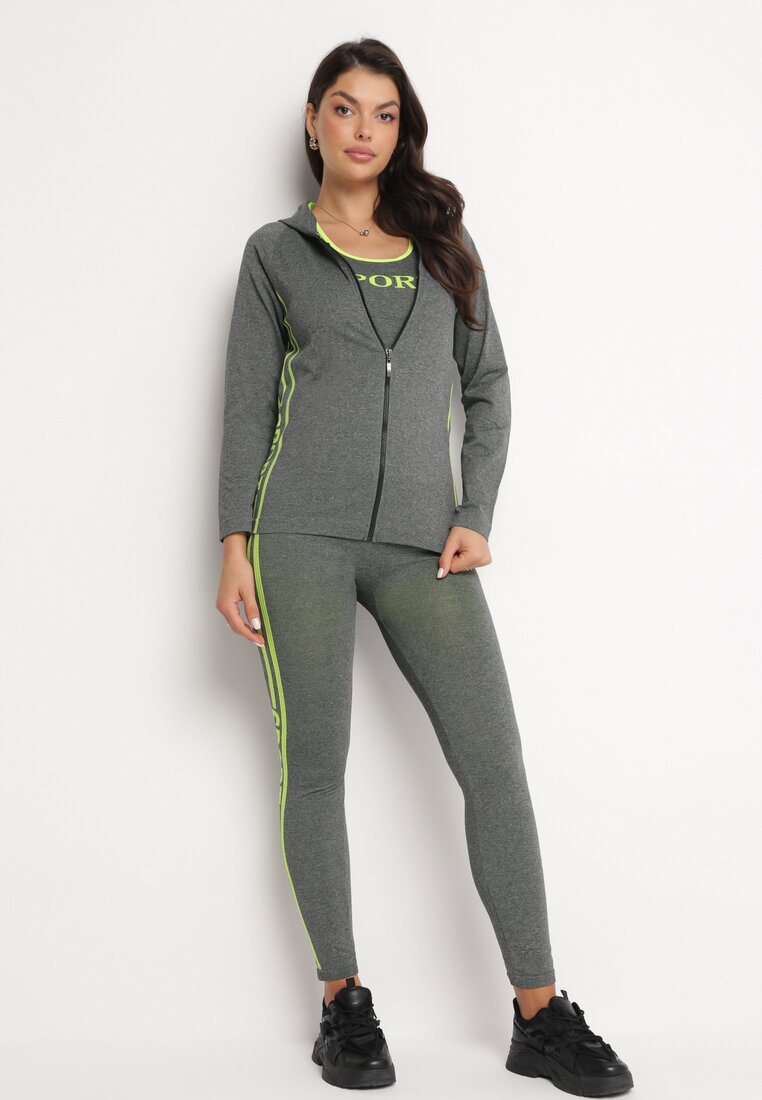 Szaro-Żółty Komplet Sportowy Top Bluza z Kapturem i Legginsy Cexena