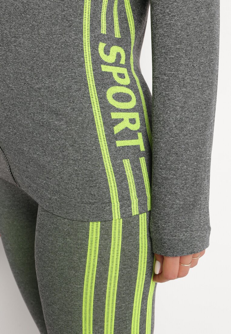 Szaro-Żółty Komplet Sportowy Top Bluza z Kapturem i Legginsy Cexena