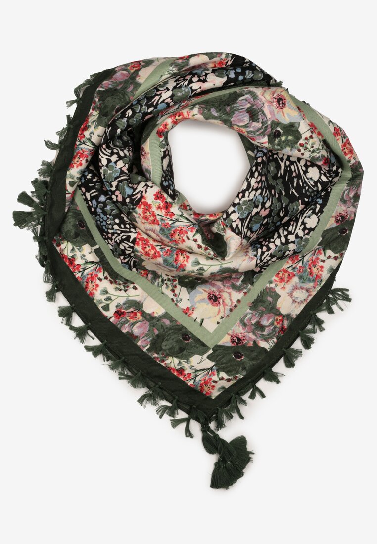 Zielony Szalik z Wiskozy w Kwiatowy Wzór Ozdobiony Frędzlami Auvo
