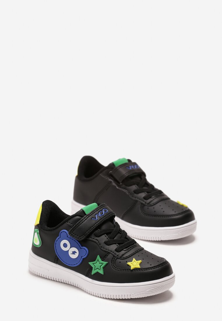 Czarne Buty Sportowe z Rzepem z Kolorowymi Naszywkami Akoppe